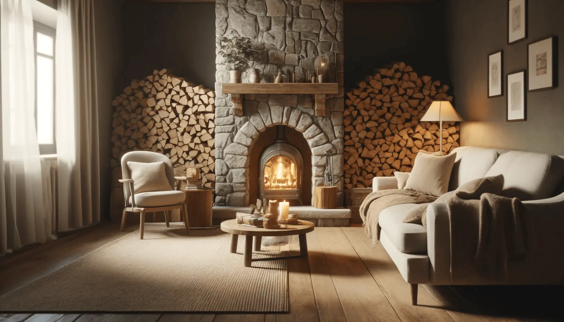 A cozy living room scene with a rustic stone fireplace, next to which is a neatly stacked pile of firewood ready for burning.