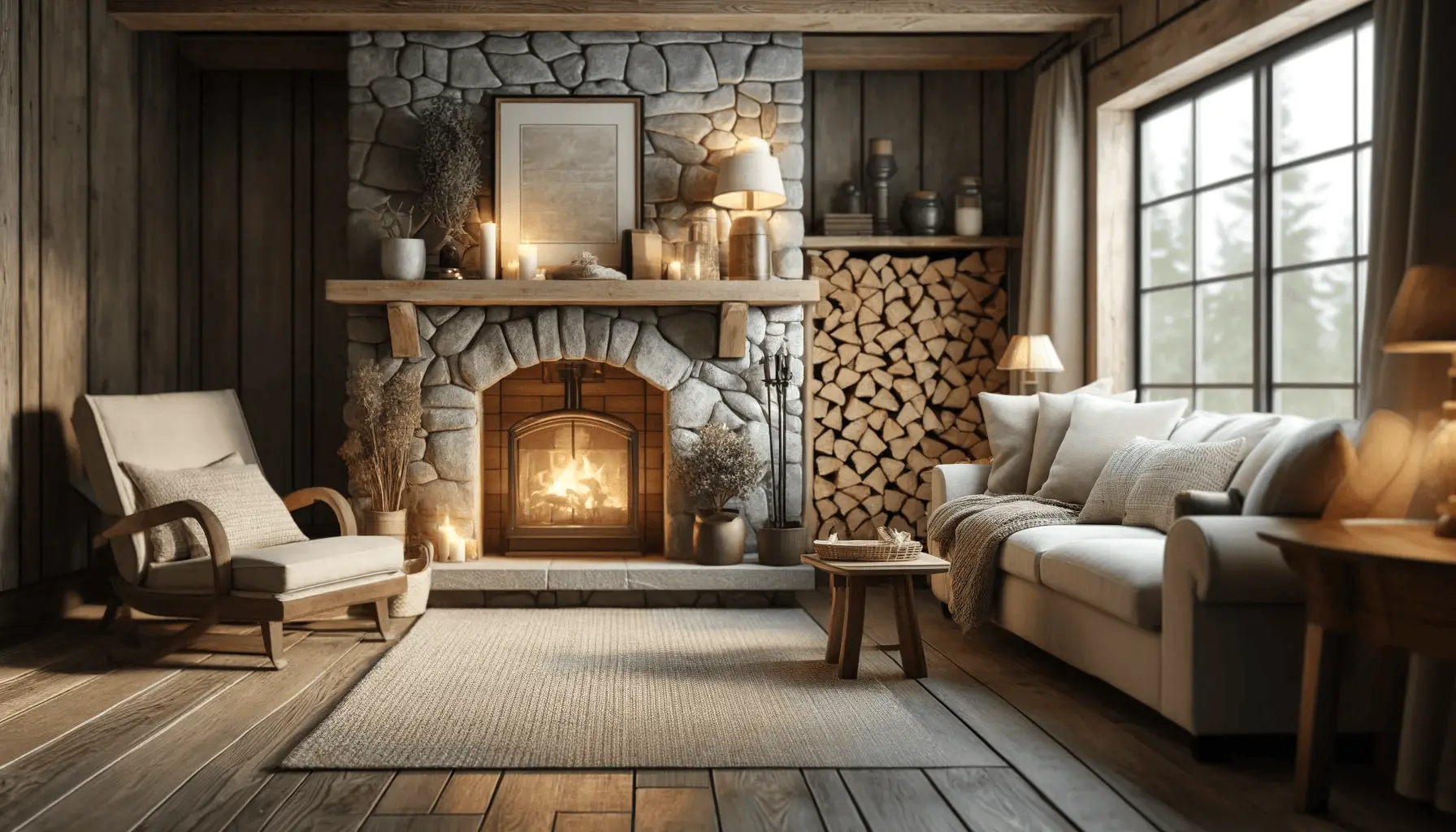 A room scene with a cozy stone fireplace, which is lit, casting a warm, inviting glow across the room.