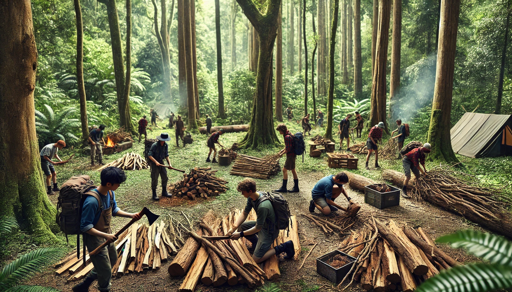 A group of campers collecting firewood in a lush forest.