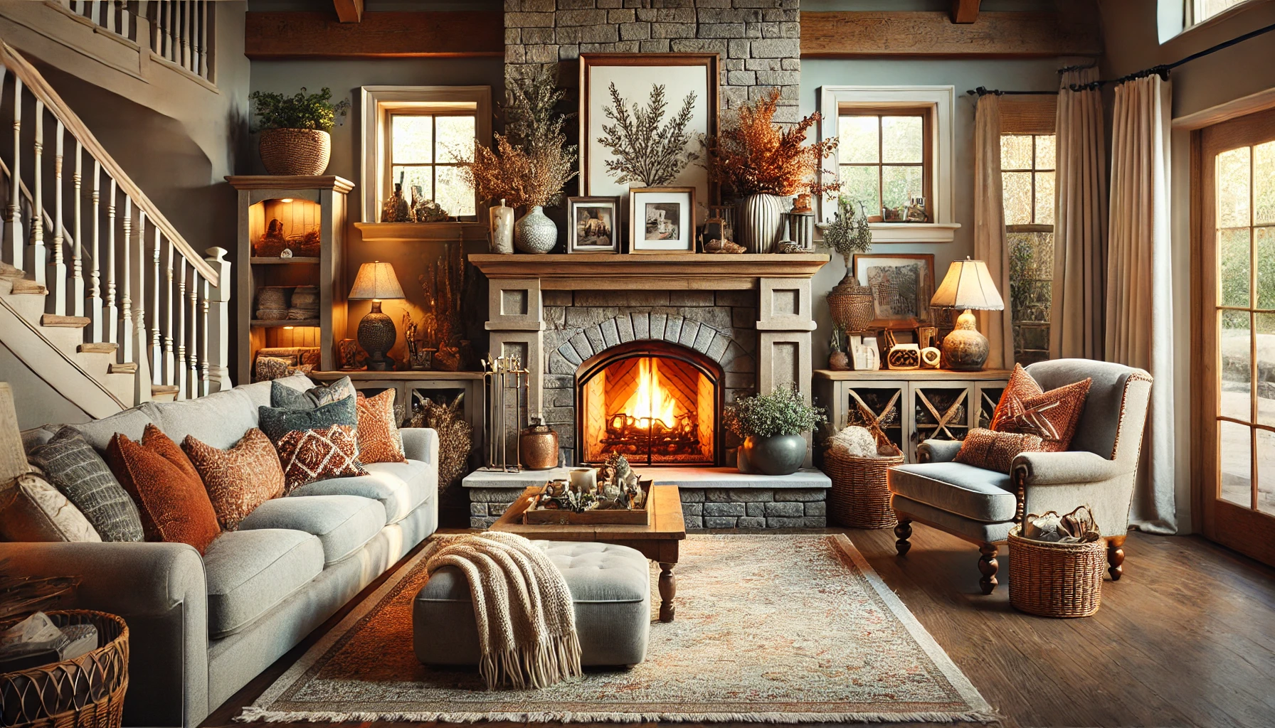 A warm and inviting living room with a beautifully designed fireplace and hearth.