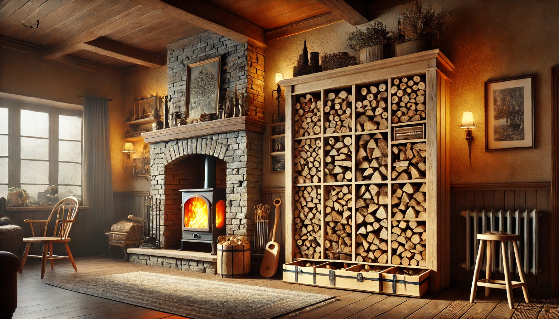 A warm, cozy room featuring a rustic firewood storage area with neatly stacked hardwoods and softwoods ready for efficient burning.
