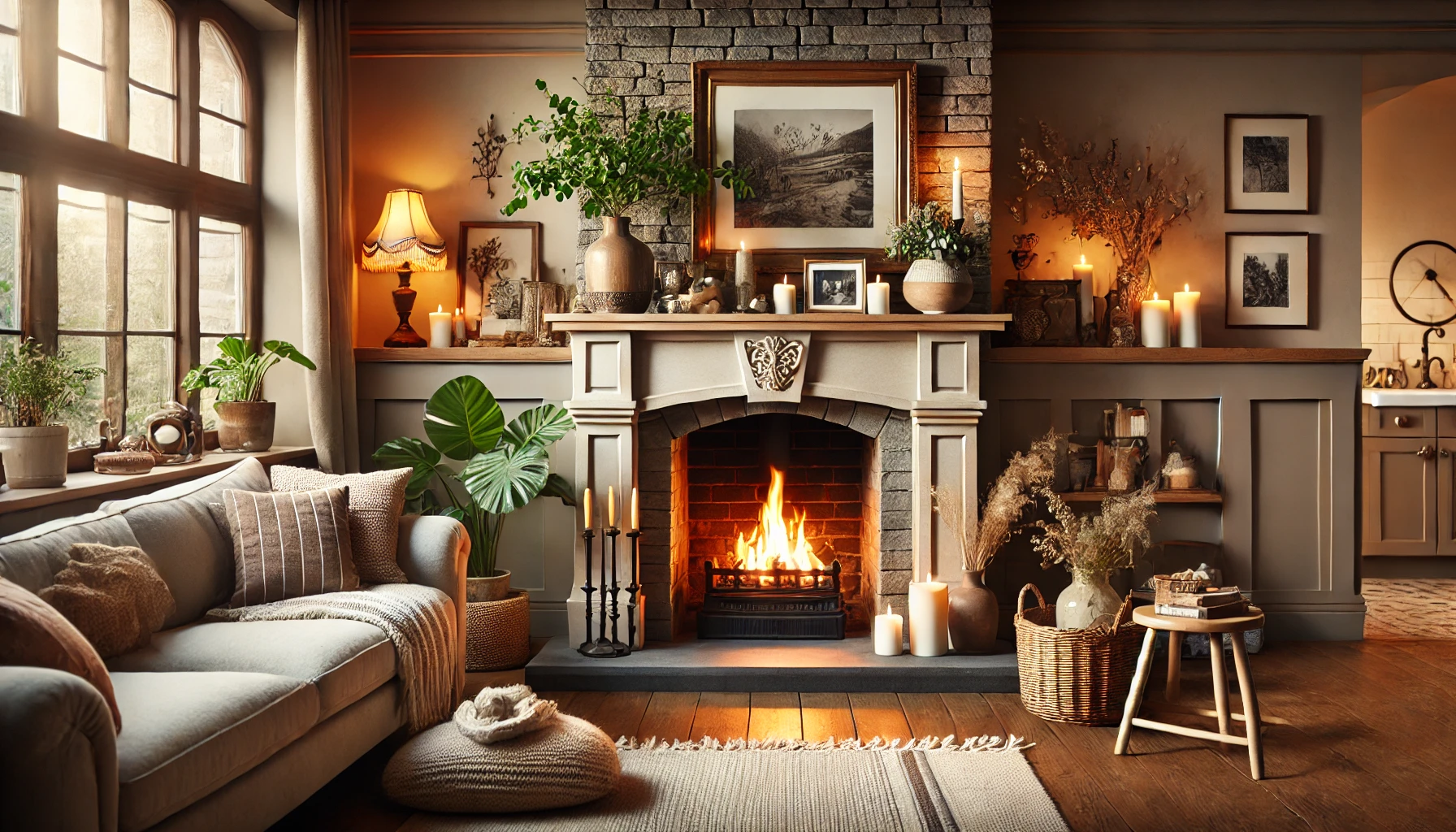 A cozy living room with a beautifully designed fireplace and hearth as the heart of the home.
