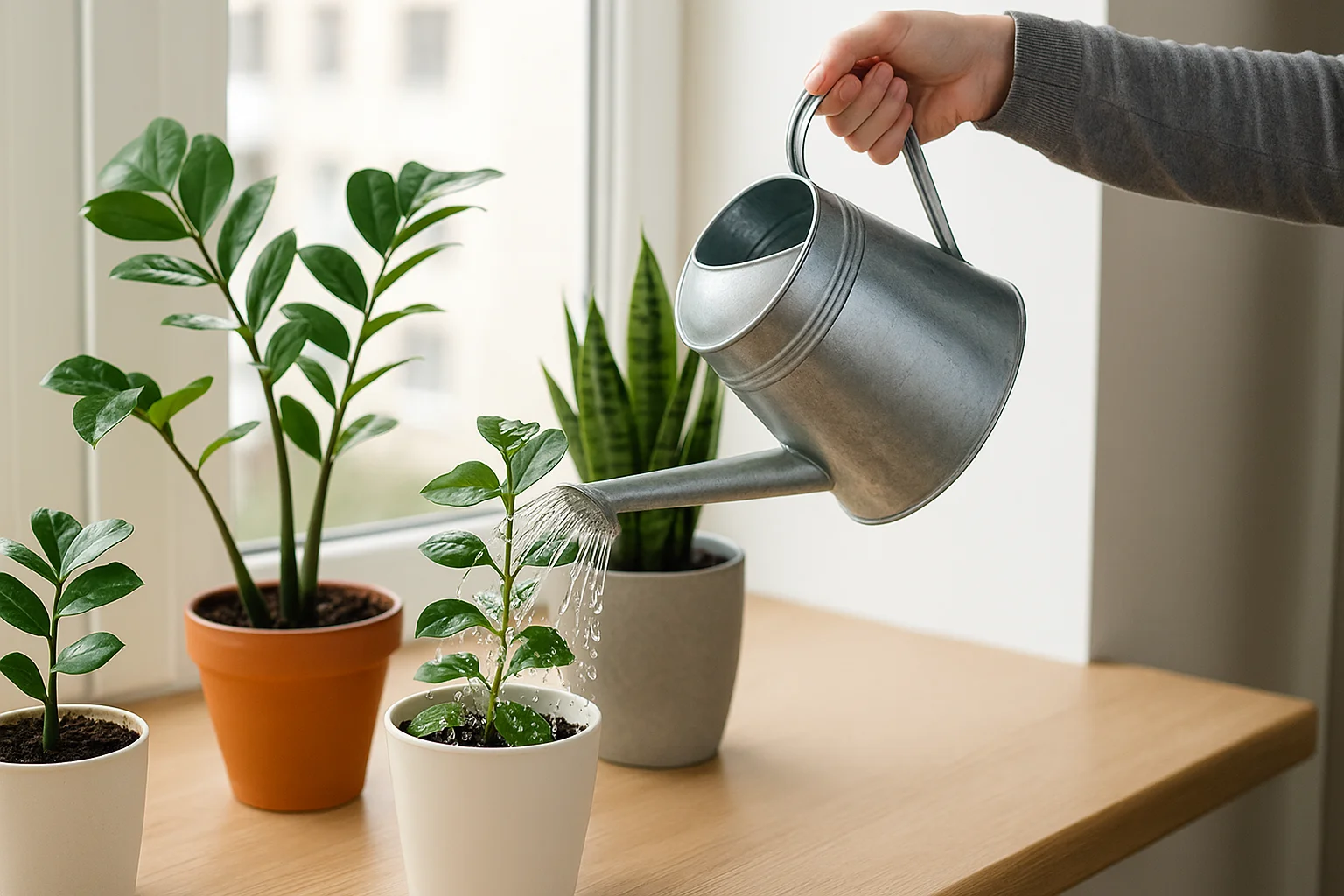 watering indoor plants with a can
