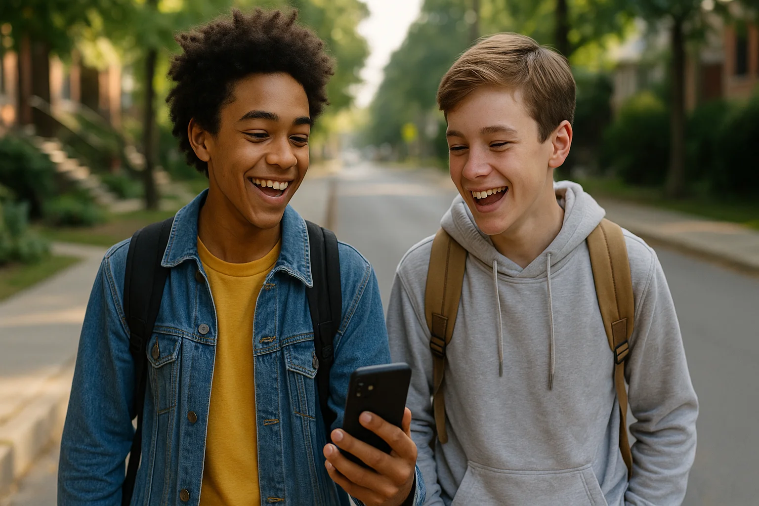 Two friends walk from school in evening the, laughing and checking directions on a phone with GPS enabled.