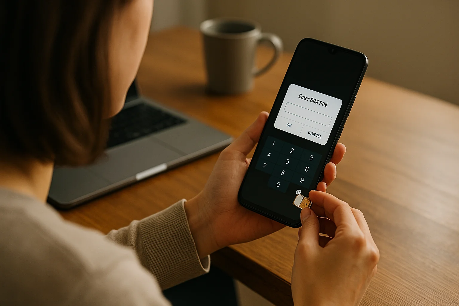 A woman sits at a table at home inserting a SIM card into her phone, where the screen displays an “Enter SIM PIN” prompt.