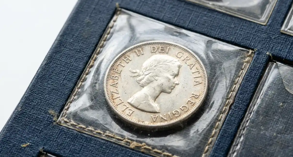coin album compartment, focus on reflective metal and album texture